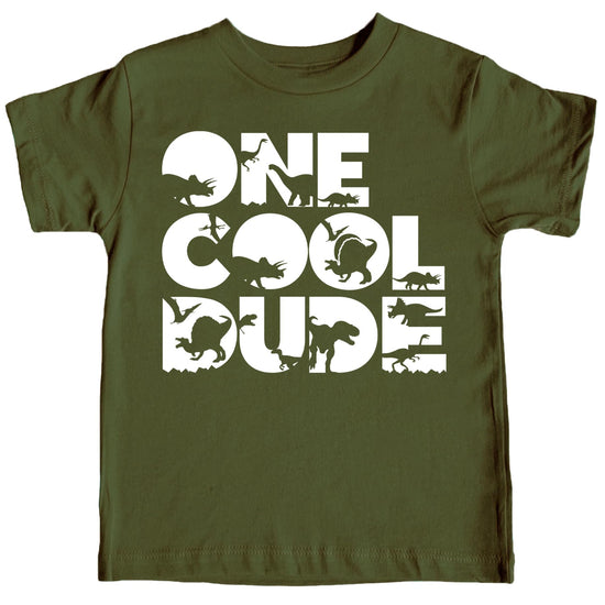 Baby boy wearing military green One Cool Dude dinosaur 1st birthday shirt