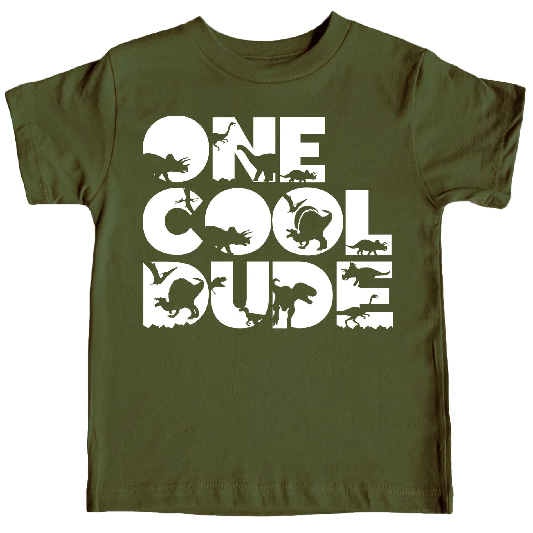 Baby boy wearing military green One Cool Dude dinosaur 1st birthday shirt