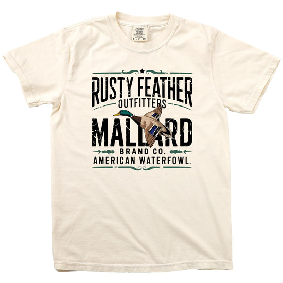 Close-up of mallard duck graphic print on Rusty Feather Outfitters hunting tee
