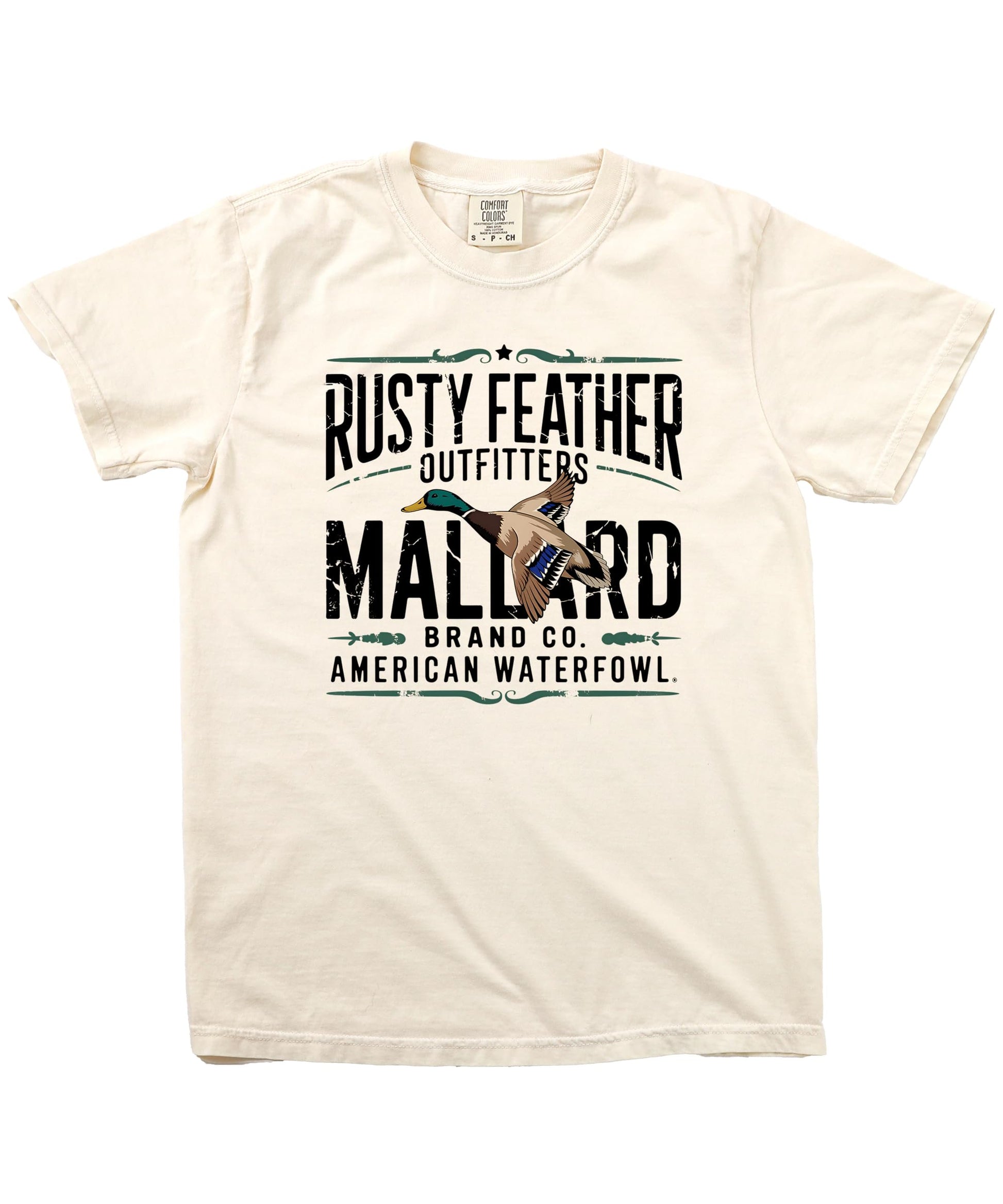 Close-up of mallard duck graphic print on Rusty Feather Outfitters hunting tee