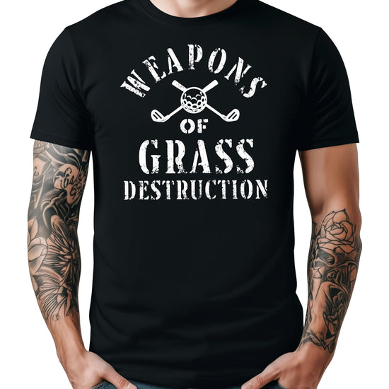 Black men's t-shirt with Weapons of Grass Destruction golf design featuring crossed clubs