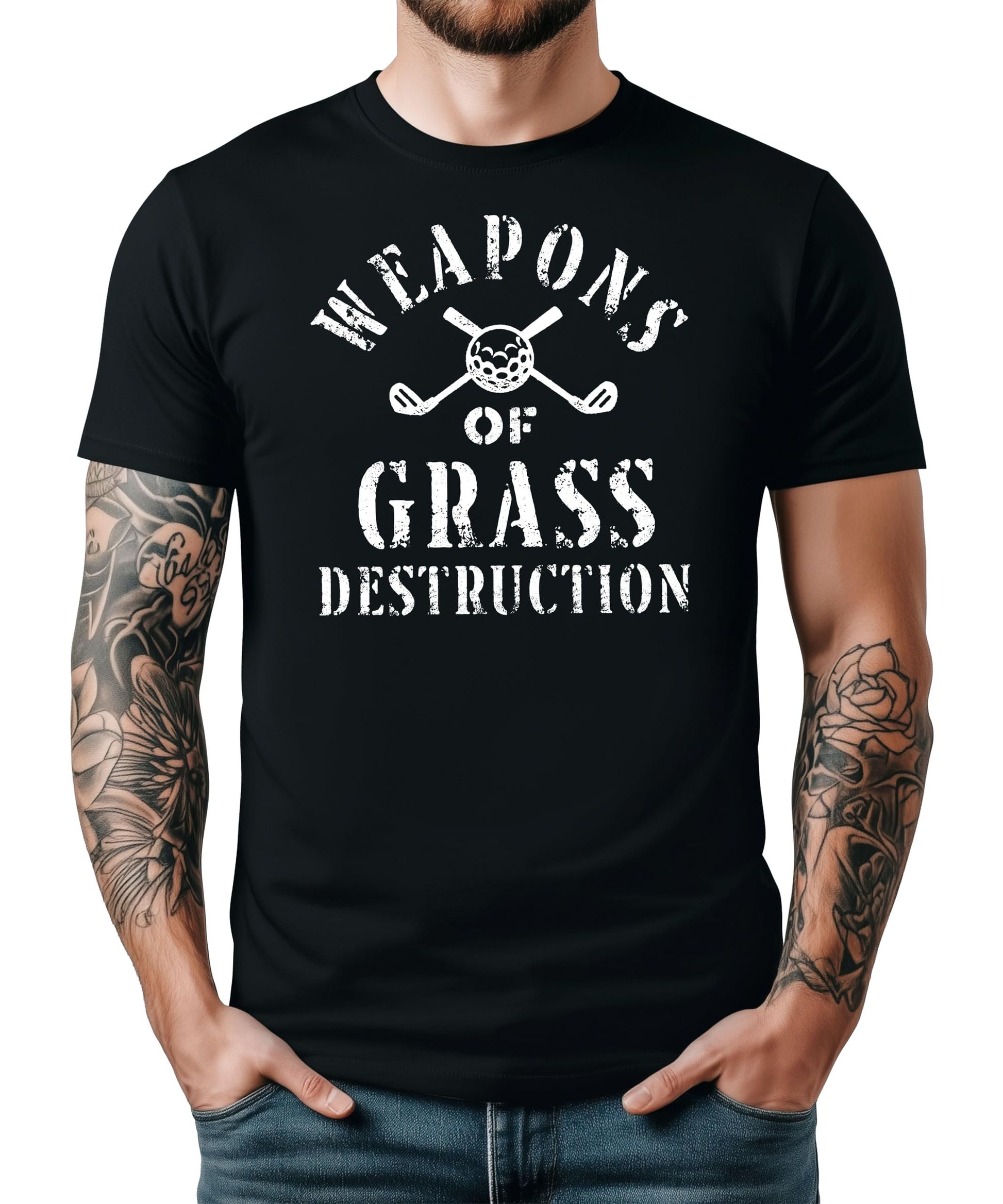 Black men's t-shirt with Weapons of Grass Destruction golf design featuring crossed clubs