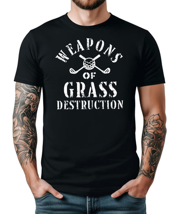 Black men's t-shirt with Weapons of Grass Destruction golf design featuring crossed clubs