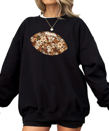 Trendy Floral Football Sweatshirt for Women, Teens & Kids Flower Fall Sports Pullover White Sweatshirt Adult X-Large