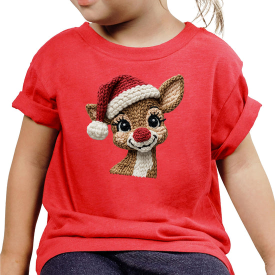 Faux yarn ink-printed reindeer with Santa hat Christmas graphic tee in natural color