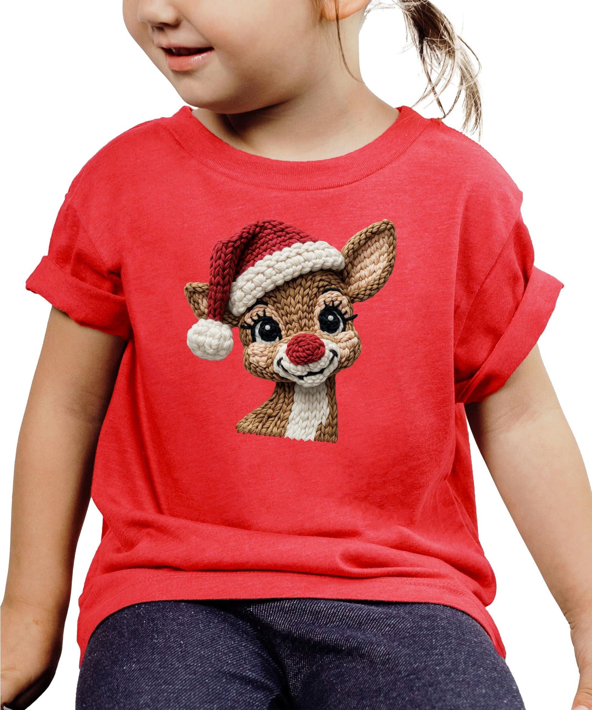 Faux yarn ink-printed reindeer with Santa hat Christmas graphic tee in natural color