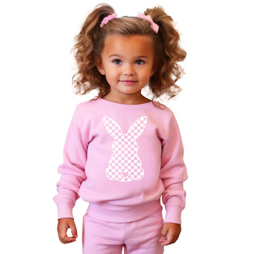 Toddler girl wearing pink checkered bunny Easter sweatshirt, front view of bunny graphic design