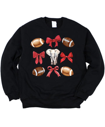 Elephant Mascot Sweatshirt for Women Teens & Girls Crimson Red Bows and Footballs Pullover Black Sweatshirt Adult X-Large