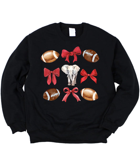 Elephant Mascot Sweatshirt for Women Teens & Girls Crimson Red Bows and Footballs Pullover