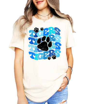 Tigers Wavy Blue Paw Shirt Sport School Spirit Tee for Adult Women and Kids Natural Shirt Adult Medium