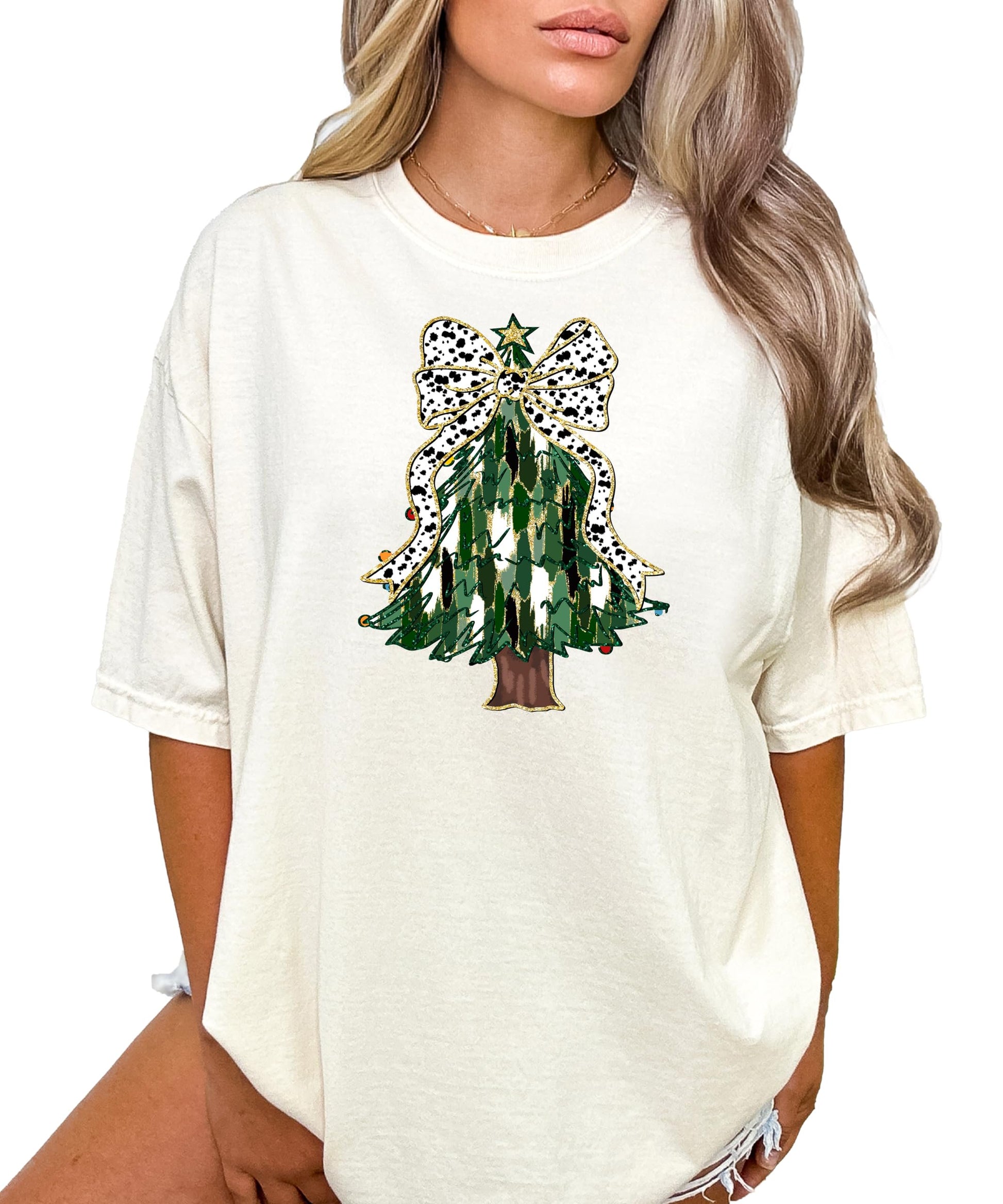 Side or alternate view of women's ivory Christmas tree graphic tee with coquette bow holiday design