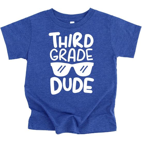 Close-up of 3rd Grade Dude sunglasses graphic print on boys back to school t-shirt