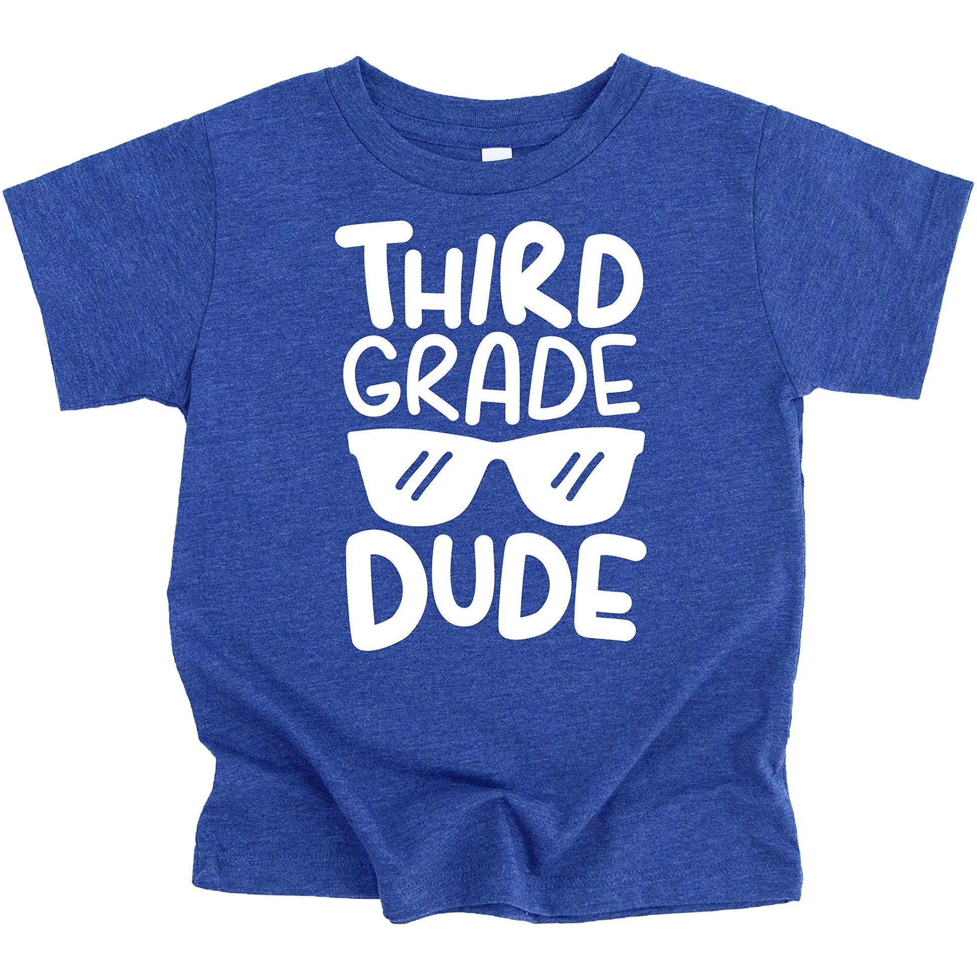 Close-up of 3rd Grade Dude sunglasses graphic print on boys back to school t-shirt