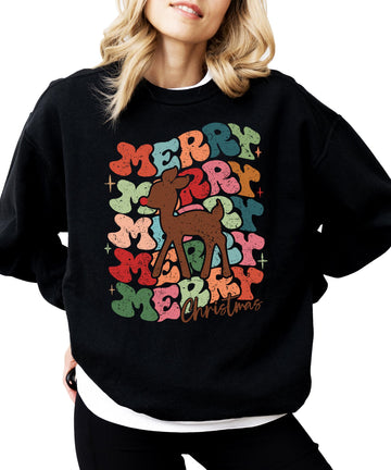 Retro Merry Christmas Sweatshirt for Women Teens and Girls Red Nosed Reindeer Pullover White Sweatshirt Adult Large