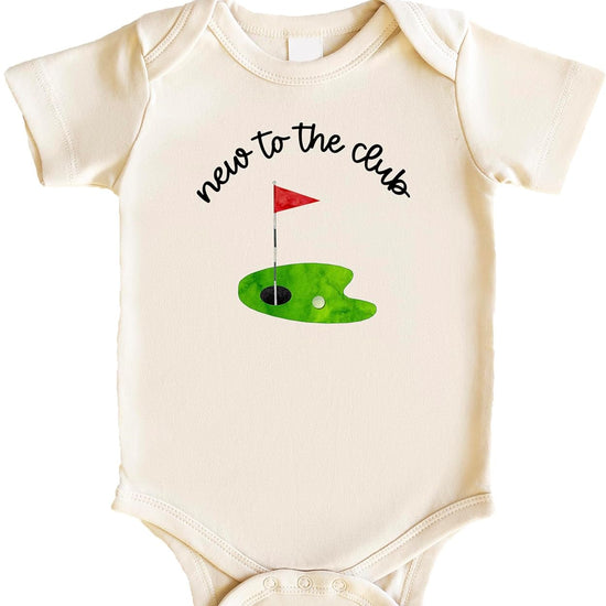 New to the Club baby golf bodysuit styled as a coming-home outfit for newborn boys and girls