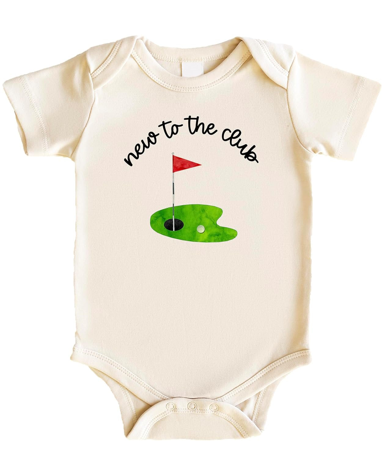 New to the Club baby golf bodysuit styled as a coming-home outfit for newborn boys and girls