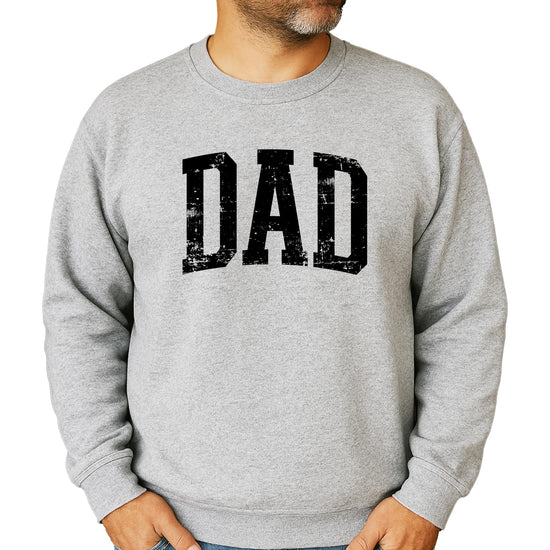 Men's gray crewneck sweatshirt with bold distressed DAD lettering on the chest