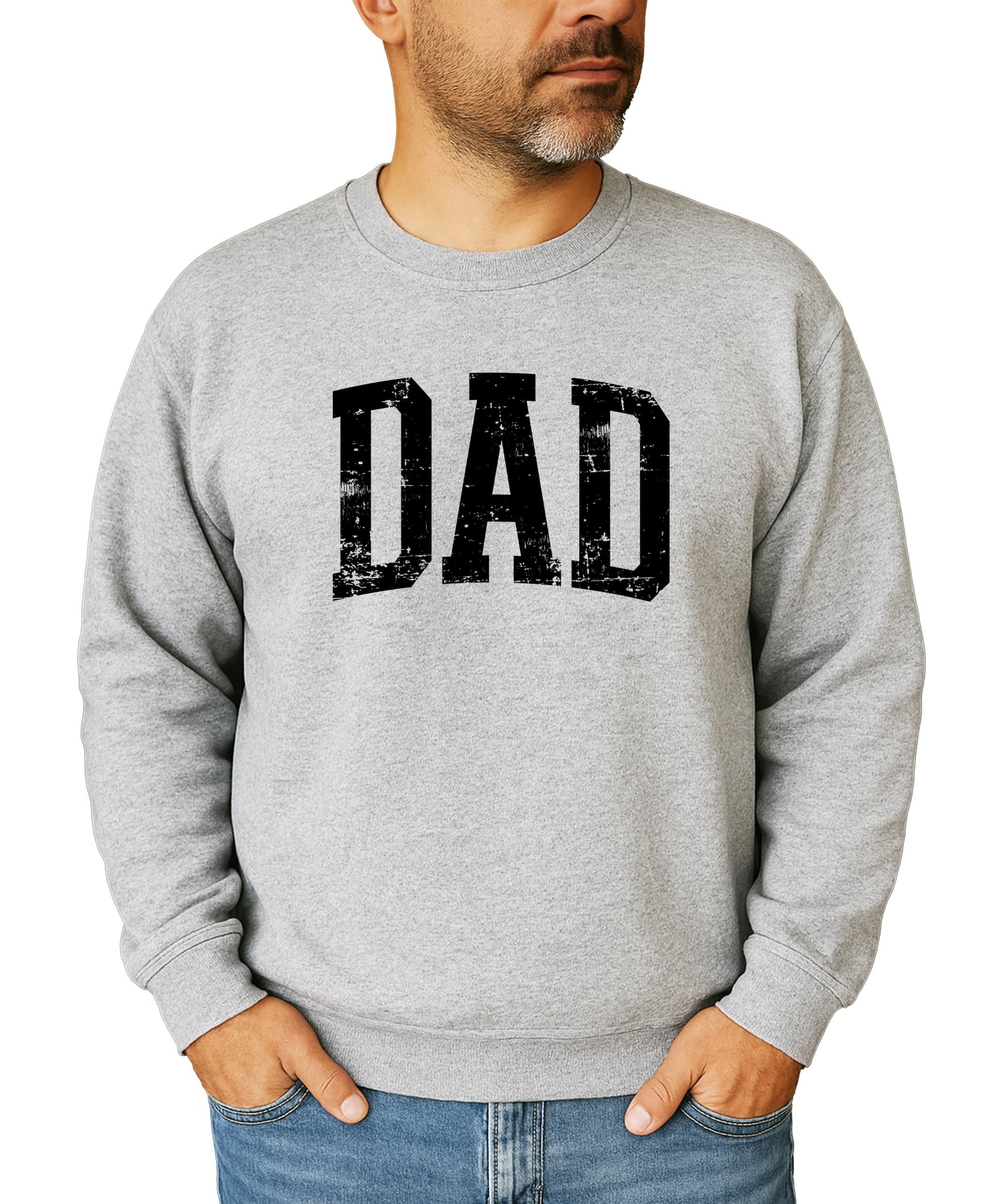 Men's gray crewneck sweatshirt with bold distressed DAD lettering on the chest