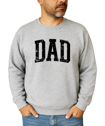Men's gray crewneck sweatshirt with bold distressed DAD lettering on the chest