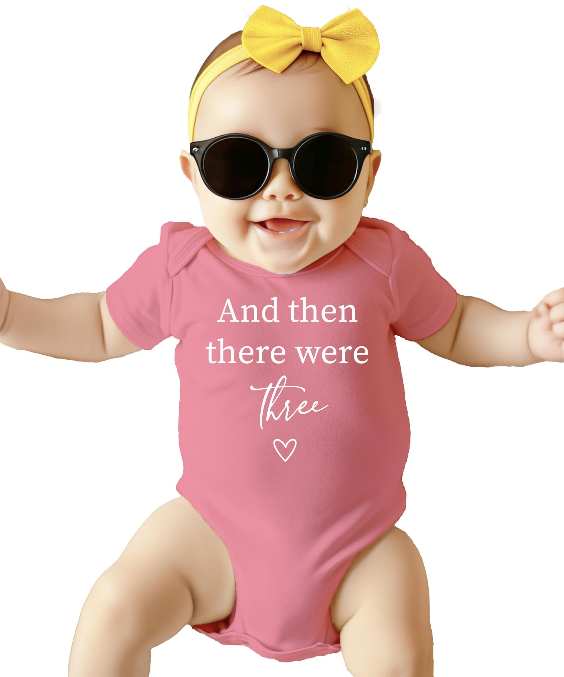 Newborn wearing mauve And Then There Were 4 baby announcement bodysuit with heart design