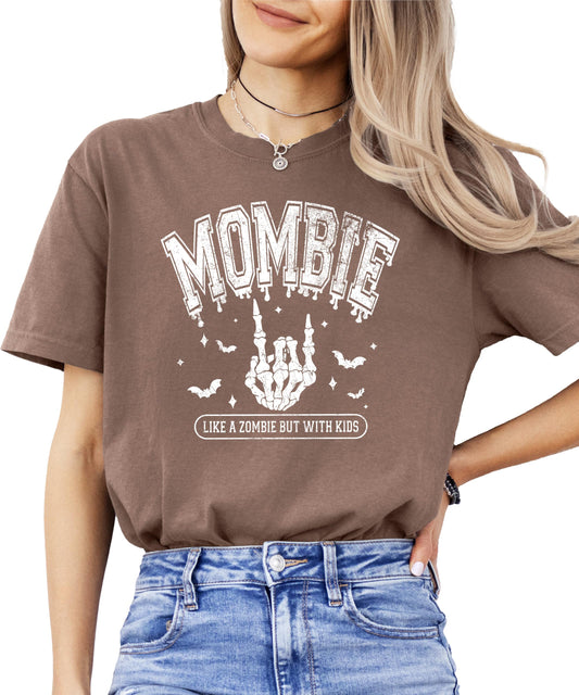 Women's Mombie Halloween graphic tee with skeleton rock-sign hand and 'Like a Zombie But With Kids' text