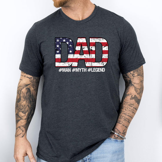 Back or alternate view of patriotic Man Myth Legend dad graphic tee for men
