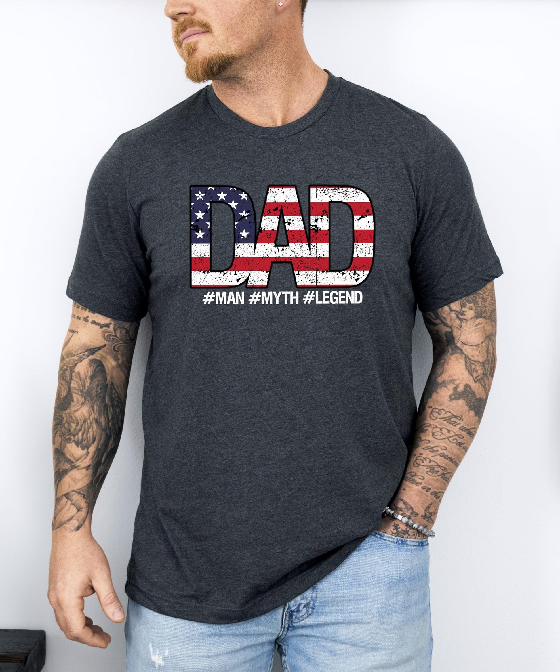 Back or alternate view of patriotic Man Myth Legend dad graphic tee for men