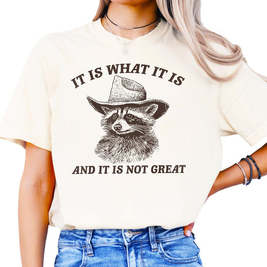 Detail shot of the high-quality screen print on the It Is What It Is raccoon tee in ivory