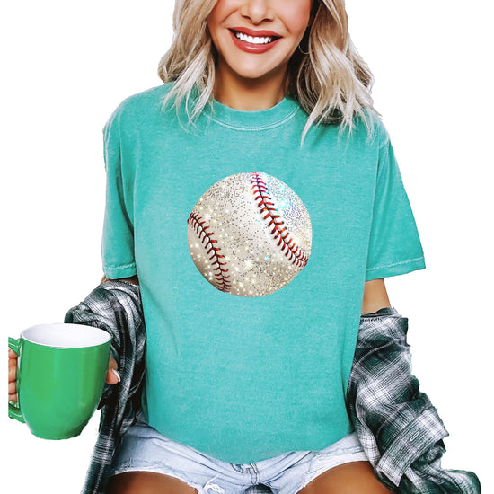 Flat lay of women's seafoam glitter baseball graphic shirt