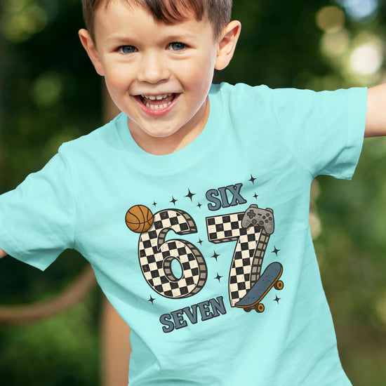 Back or side view of boys checkered 6 7 meme shirt showing print quality and fit