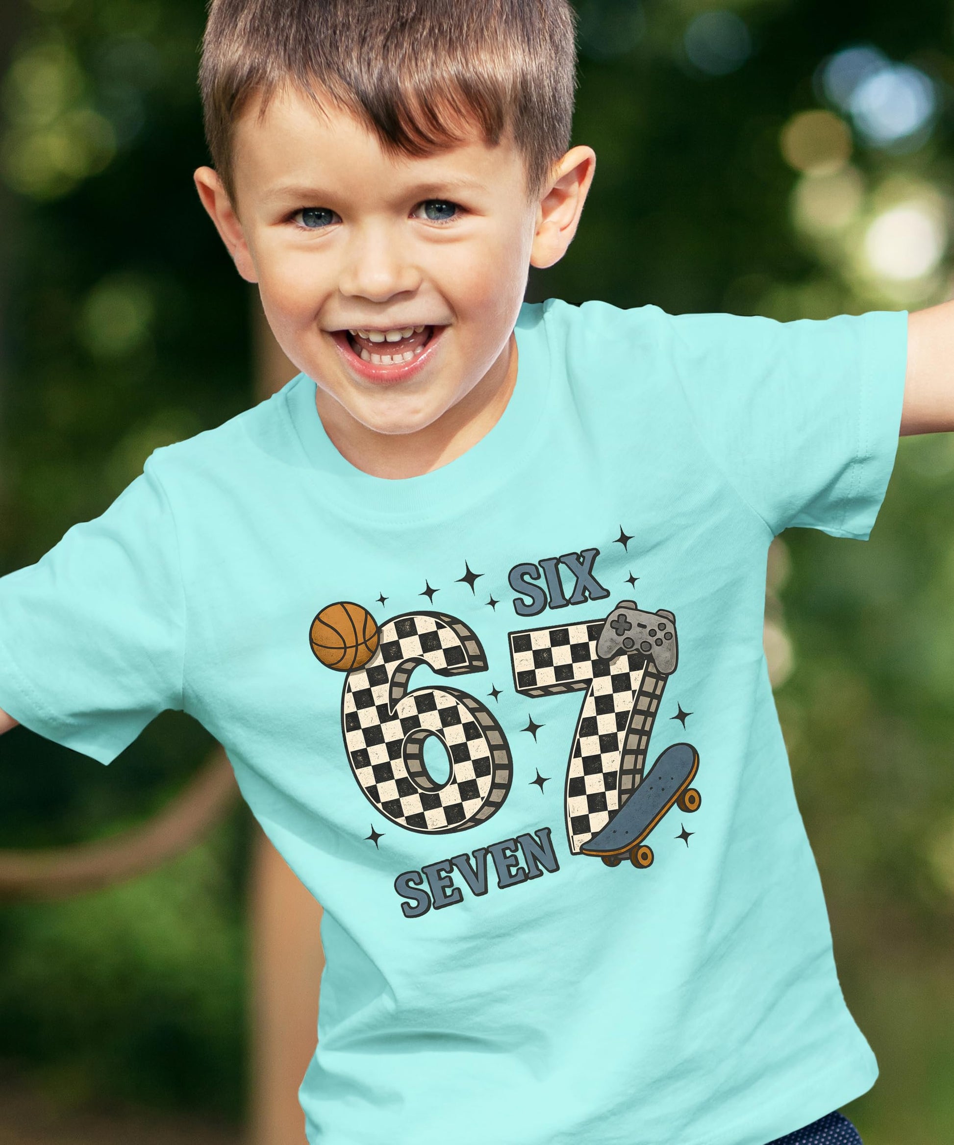 Back or side view of boys checkered 6 7 meme shirt showing print quality and fit