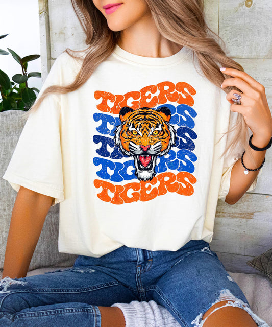 Retro Orange and Blue Tigers Shirt for Women and Teens Trendy Distressed Sports Tee