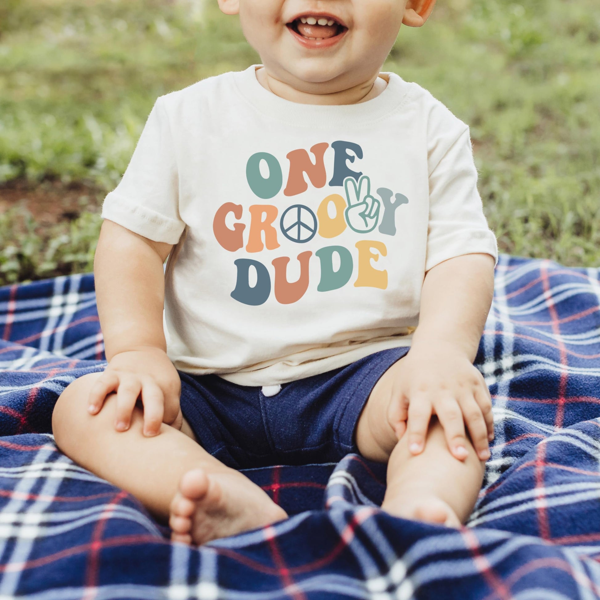 Baby boy first birthday groovy one shirt styled as part of a complete birthday outfit