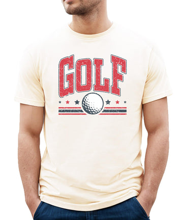 Red White & Blue Golf Shirt for Men Golf Ball and Stars T-Shirt for Golfer Natural Shirt Adult Small