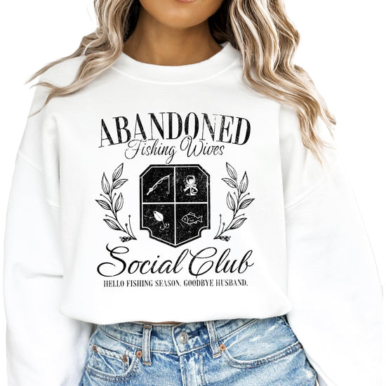 Front view of women's Abandoned Fishing Wives Social Club white graphic sweatshirt