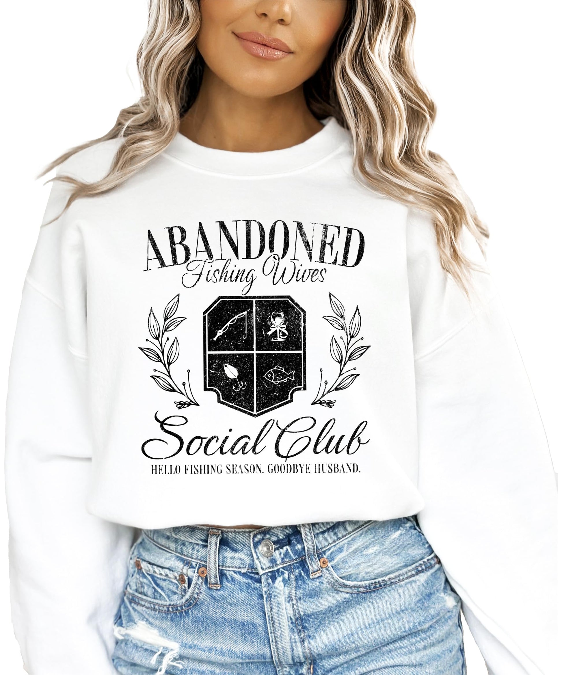 Front view of women's Abandoned Fishing Wives Social Club white graphic sweatshirt
