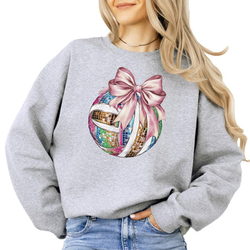 Gray women's sweatshirt with a disco volleyball and pink coquette bow graphic on the front