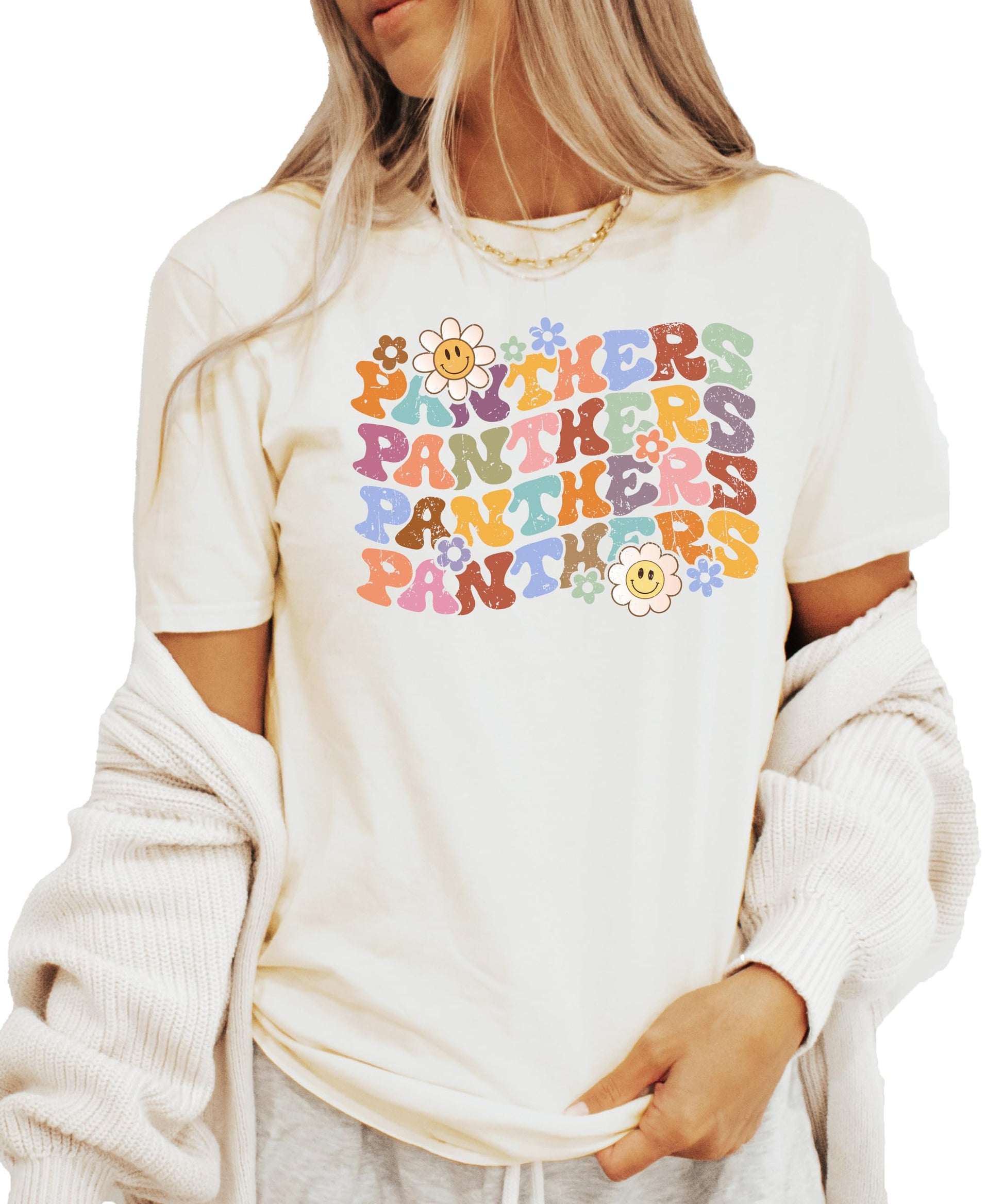 Panthers team pride shirt displayed flat showing full retro design with bold text and cheerful flowers