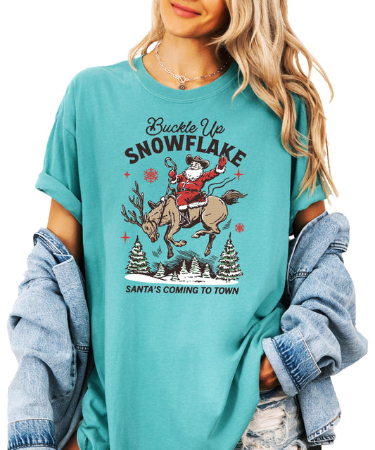Back or side view of ivory unisex western Santa graphic tee for men and women
