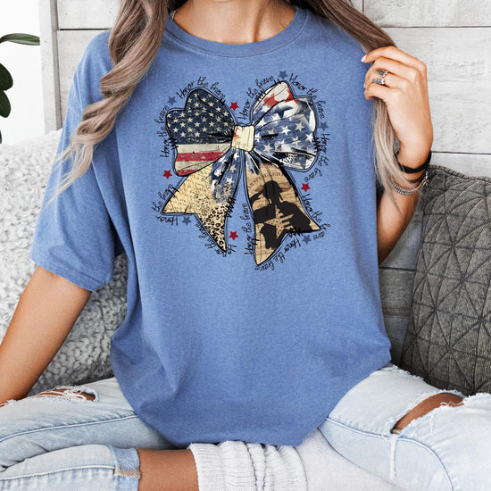 Honor The Brave women's patriotic tee laid flat showing full graphic design detail