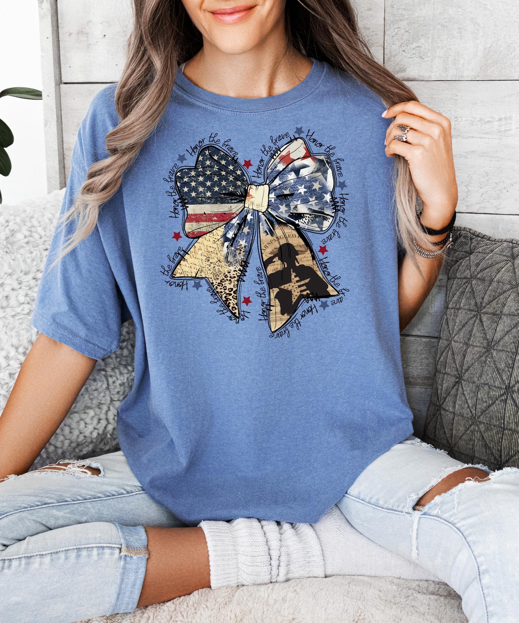 Honor The Brave women's patriotic tee laid flat showing full graphic design detail
