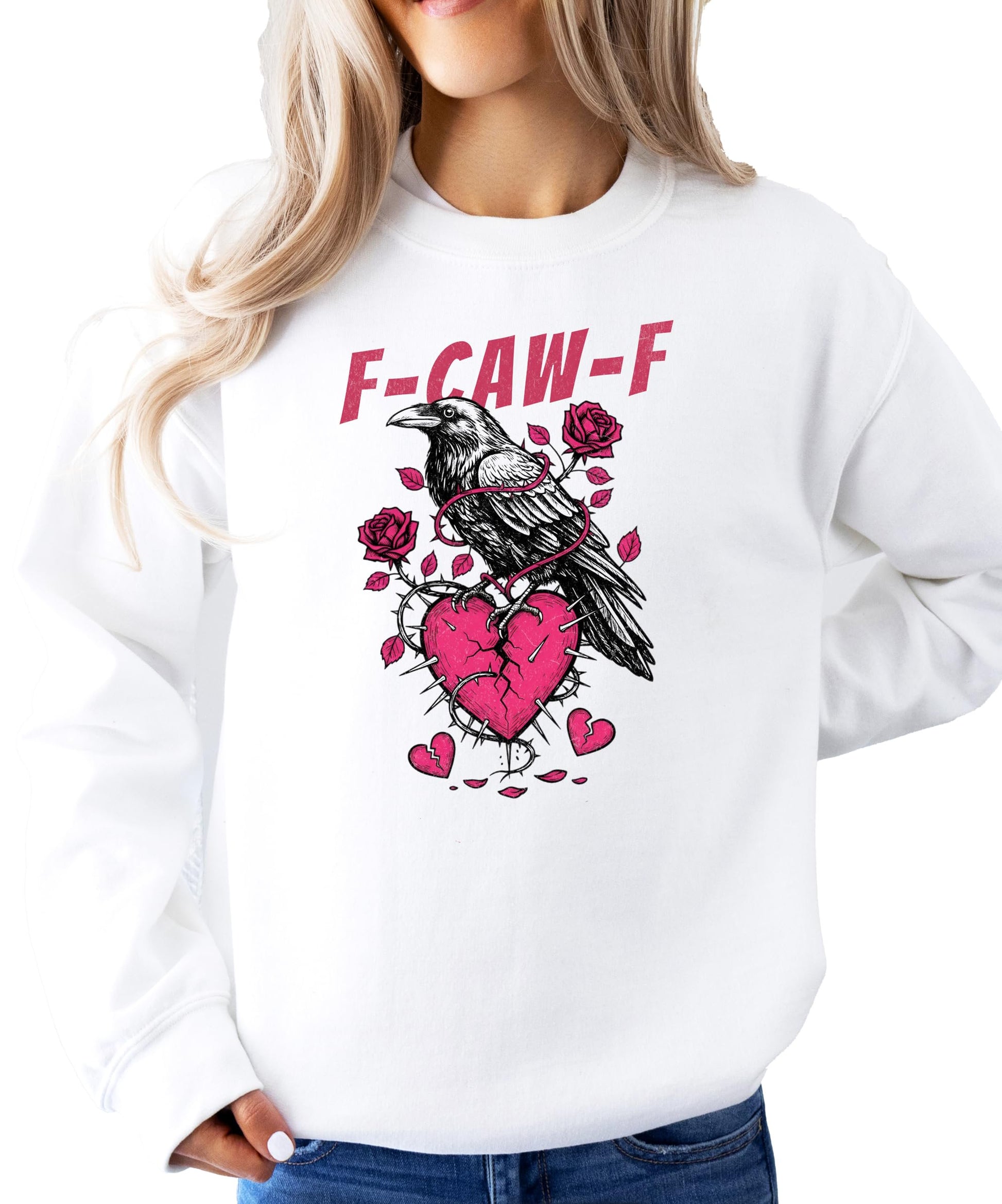 Side or lifestyle view of women's funny Valentine's graphic crewneck sweatshirt