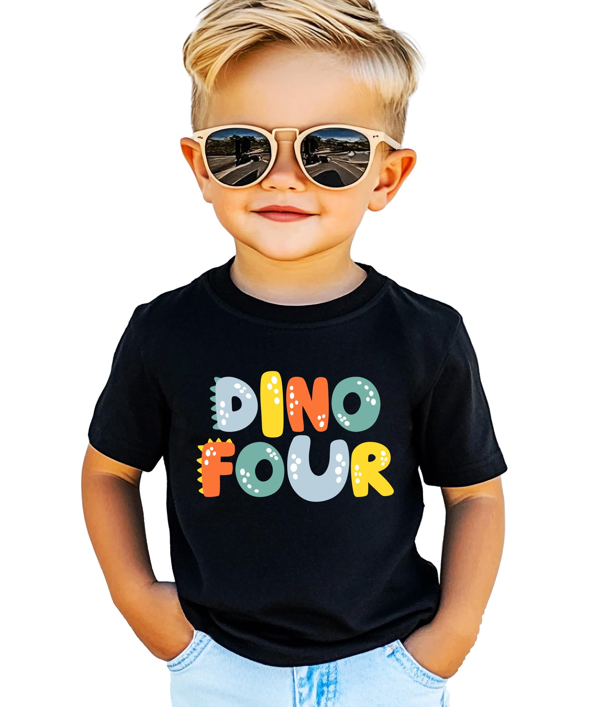 Flat lay of kids' dinosaur birthday shirt in royal blue with bold dino design