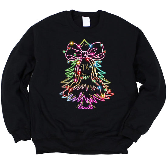 Women modeling neon Christmas tree black sweatshirt holiday pullover front view