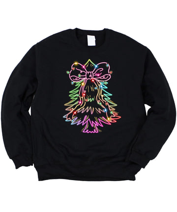 Women modeling neon Christmas tree black sweatshirt holiday pullover front view