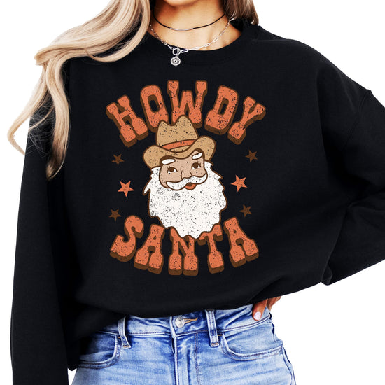 Back or side view of women's country Christmas pullover sweatshirt with rustic Santa design