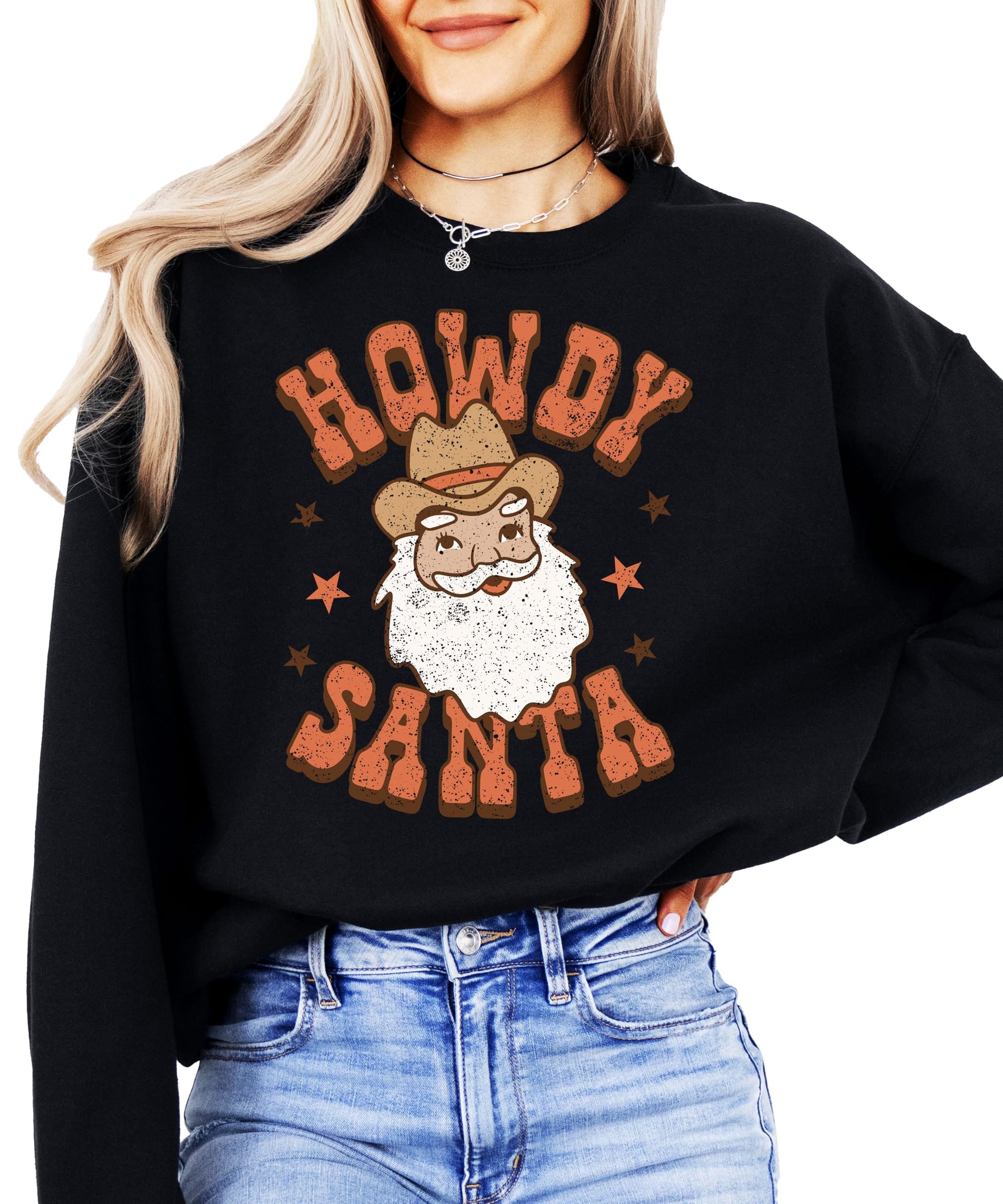Back or side view of women's country Christmas pullover sweatshirt with rustic Santa design