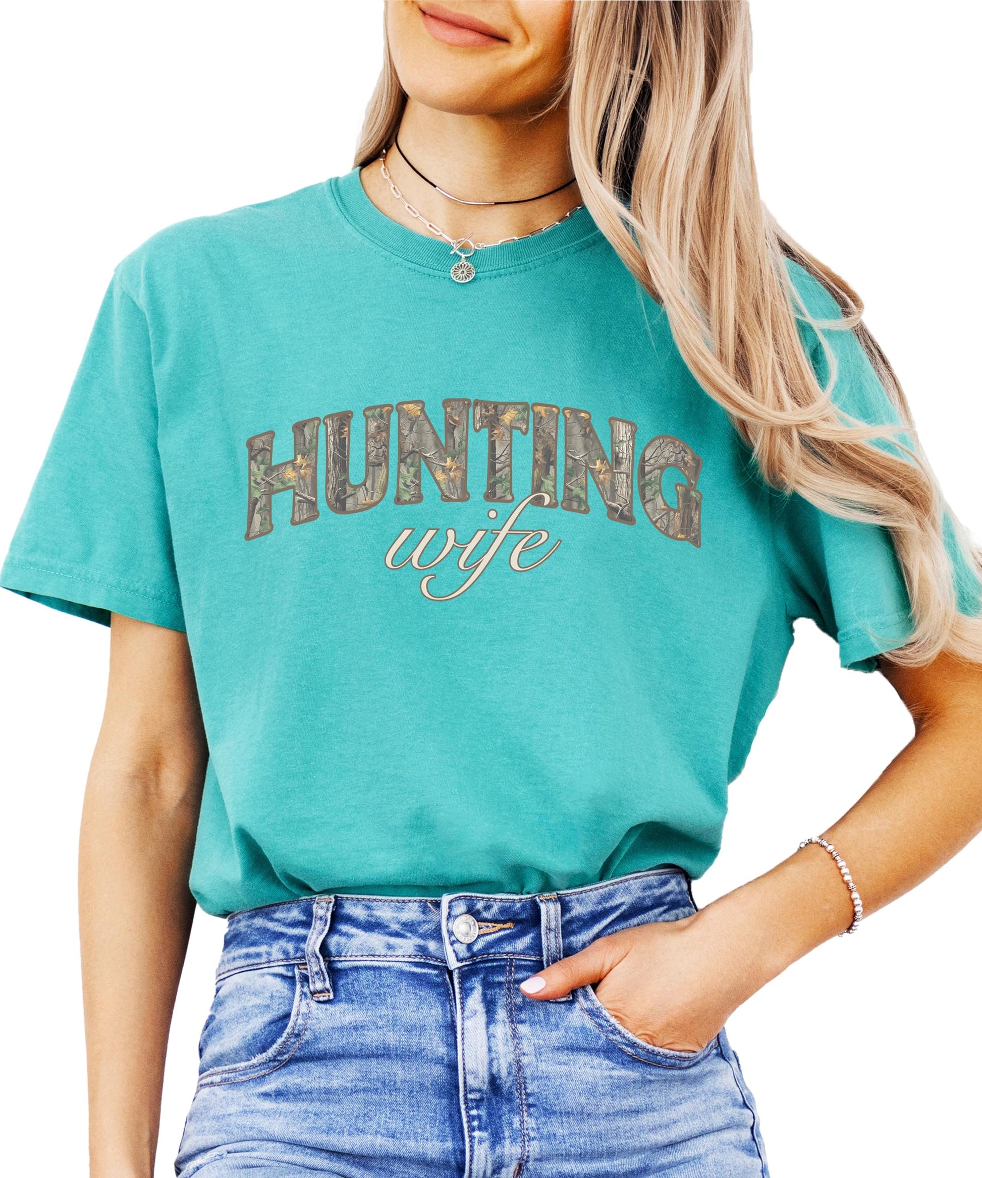 Lifestyle shot of women's hunting wife camo graphic tee for country outdoor style