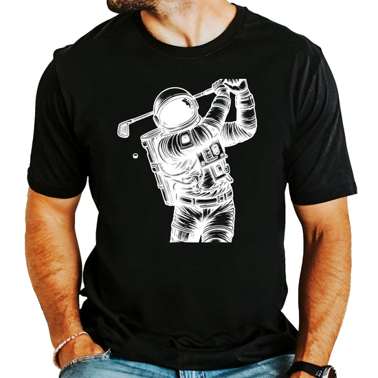 Golf shirt hanging display showing fit and style of funny golf enthusiast apparel