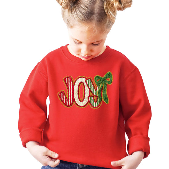 Women's JOY Christmas sweatshirt with red and green faux yarn patch ink-printed graphic design